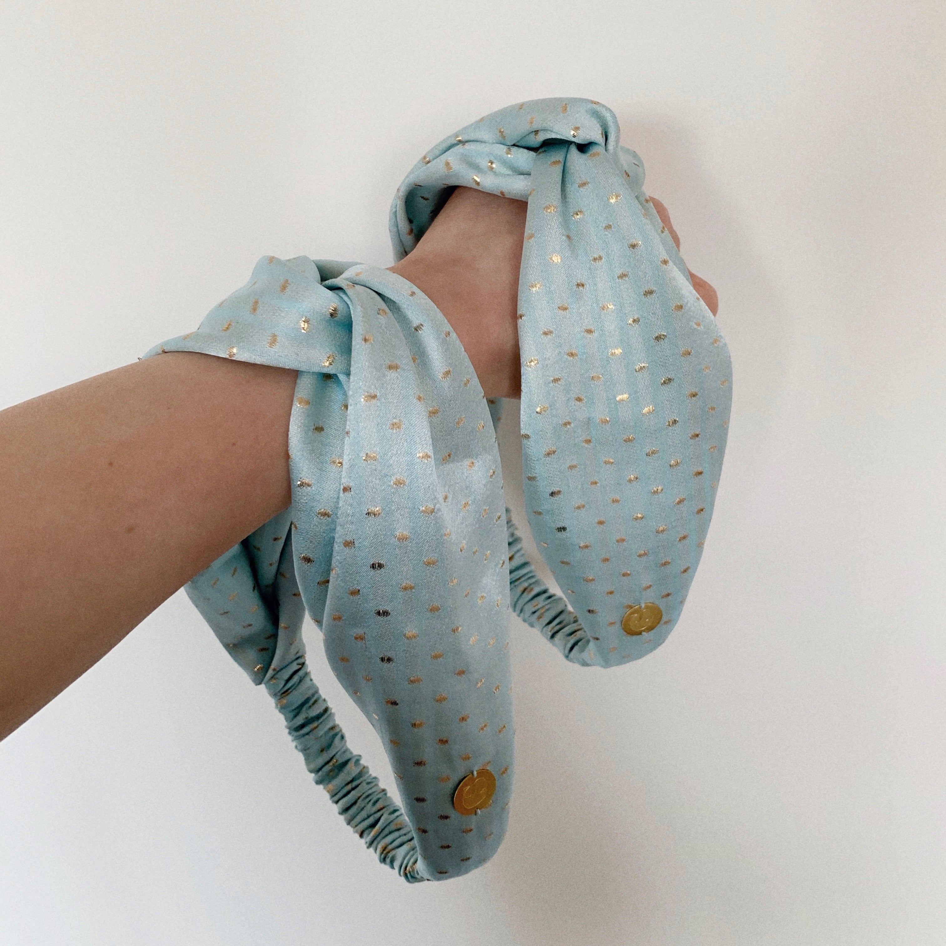 Baby Blue - 2 twisted headbands in a light blue silk stain with gold lurex spots.